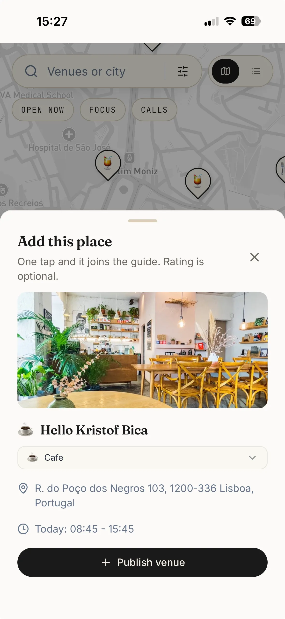 NomadBadge add-place screen on a phone