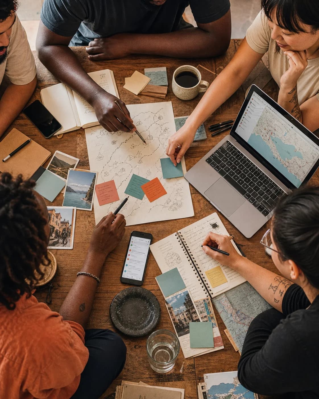 A mixed group collaborating around a table with maps, notes, and feedback