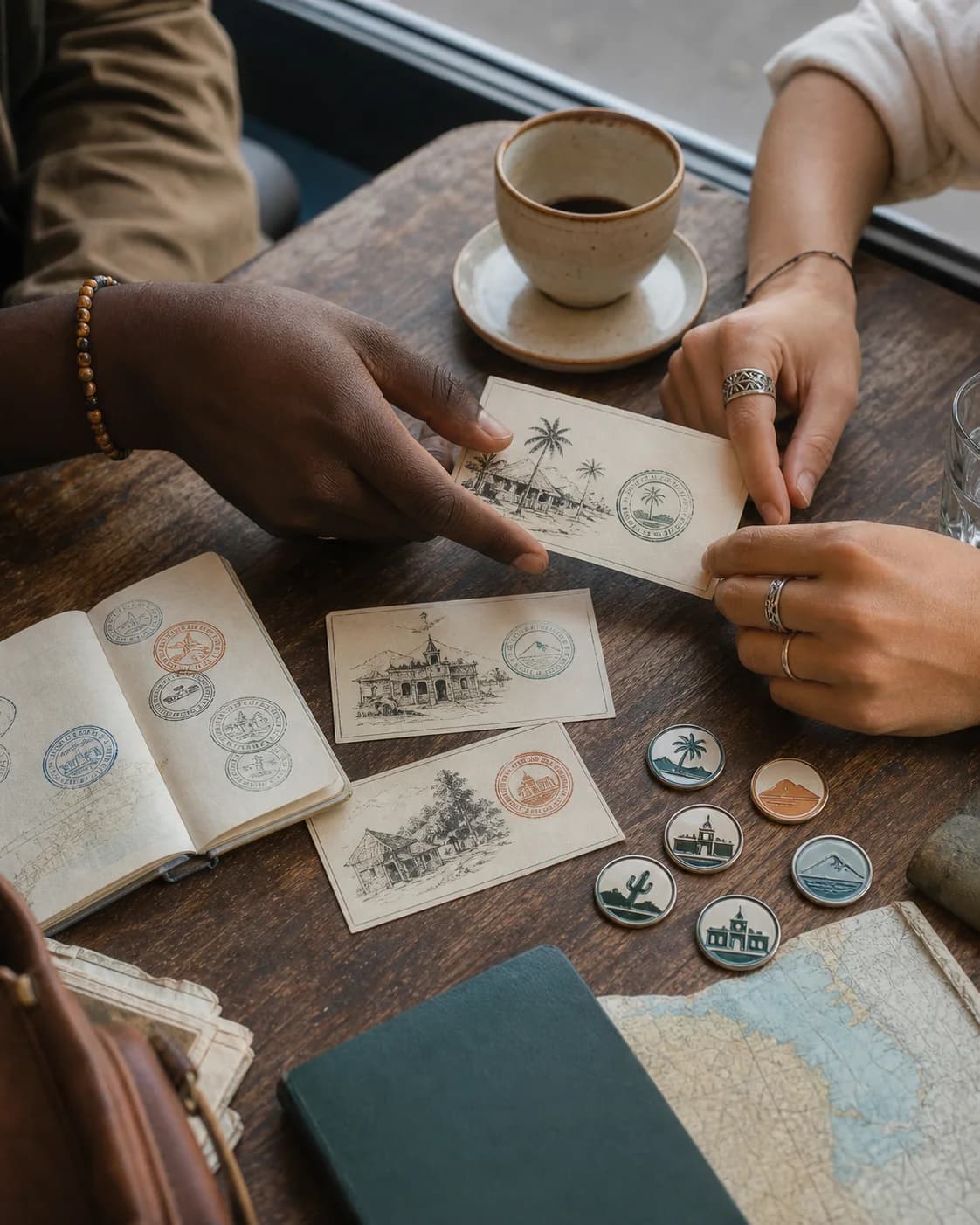 Different contributors comparing review cards and badge-like trust markers at a cafe table