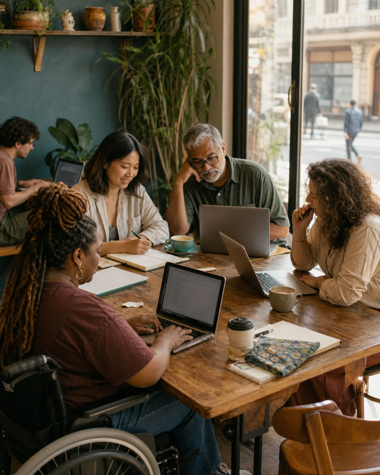 A diverse group of remote workers using laptops together in a cafe