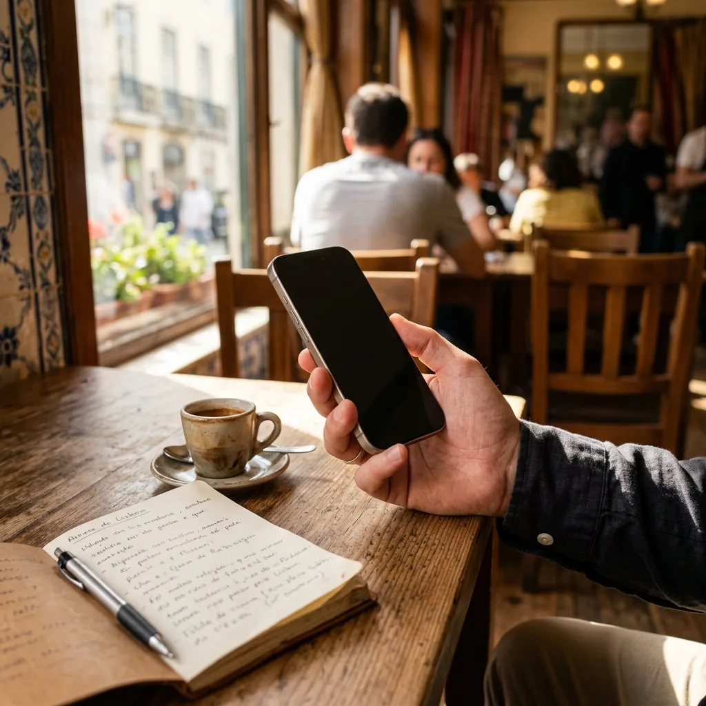 Phone in hand while searching for a place to work